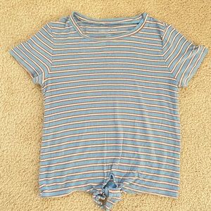 American Eagle Blue Striped Tie-front / Knot Ribbed Baby Tee / Crop Top - Size S
